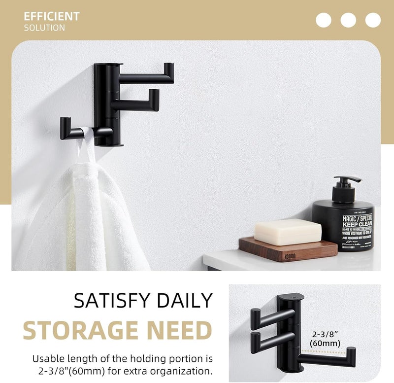 Angle Simple Swivel Towel Hook 3 Arms, SUS 304 Stainless Steel Foldable Bathroom Robe Towel Hook, Wall Coat Holder, Matte Black - Image 5